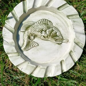 Vintage, 70s distressed green fish ash tray with multiple slots, signed GB, ash